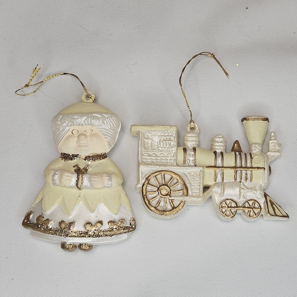 Gold Glitter Train and Mrs Claus Ornaments
